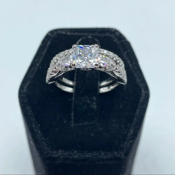 925 Sterling Silver Diamond 2 Band‎ Wedding Engagement Bridal Ring Set 7
