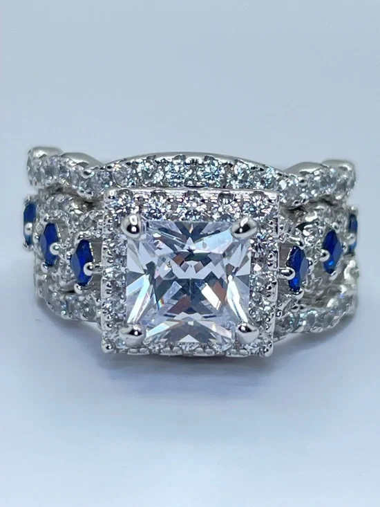 925 Sterling Silver Cushion Cut Diamond Sapphire R3 Band Wedding Ring‎ Set 5