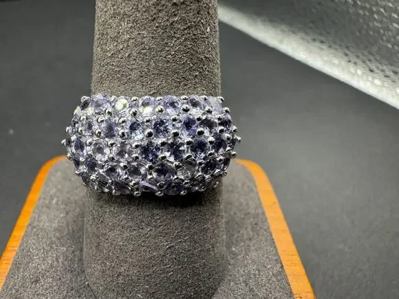 Vintage 925 Sterling Silver Signed Tanzanite Cluster Dome Ring Size 10