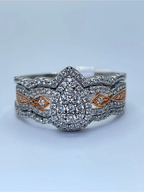 925 Sterling Silver Diamond Engagement Bridal Wedding 3 Band Ring Set 9.5