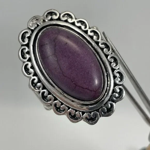 Purple Howlite Gemstone Oval Statement Silver Tone Stretch Ring Art Deco