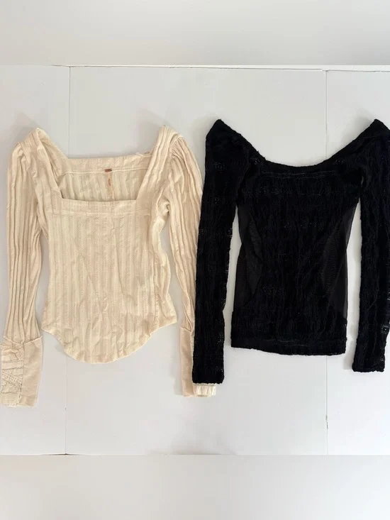 Cream and Black Ribbed Square-Neck Tops - Long Sleeve Duo