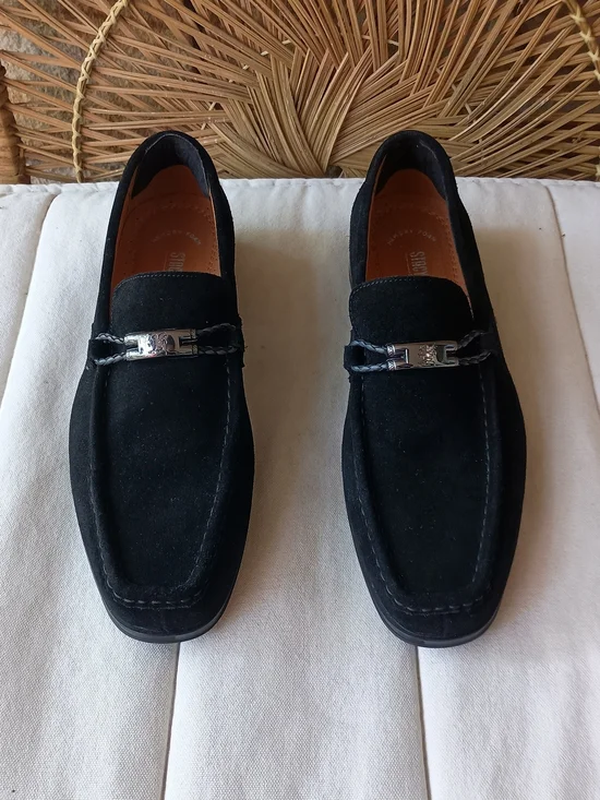 Stacey Adams Men's Black Suede Slip-On Loafers with Silver Bit Hardware_9