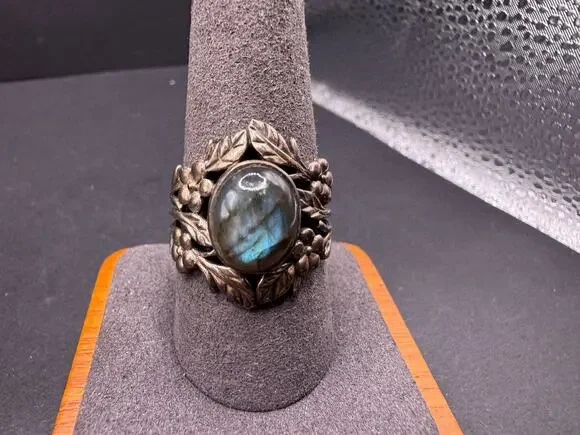 Vintage 925 Sterling Silver Labradorite Ring Art Nouveau Floral Leaf Band Sz 10