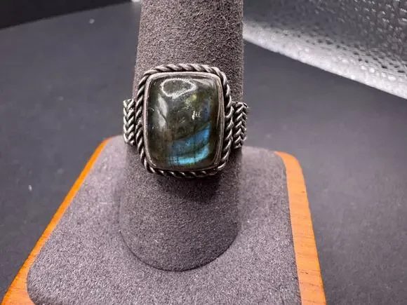Vintage 925 Sterling Silver Labradorite Ring Cushion Cut Cable Rope Border Sz 10