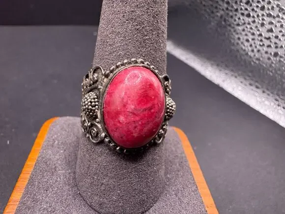 Vintage 925 Sterling Silver Natural Pink Thulite Boho Statement Ring Size 10