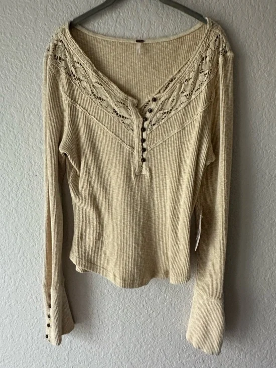 Free People Oatmeal Combo Thermal Henley - Lace Trim Waffle Knit Top - XL NWT