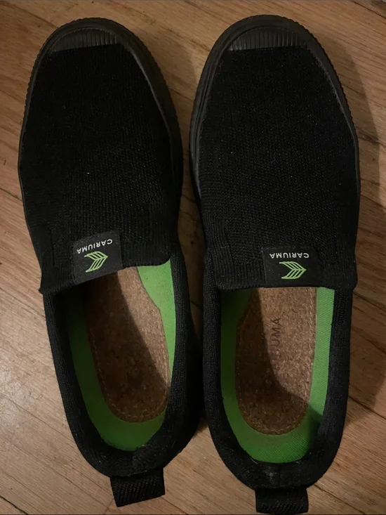 Cariuma Black Slip-On Loafers with Green Insole Accents