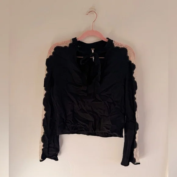 Free People Black Blouse with Lace Accents