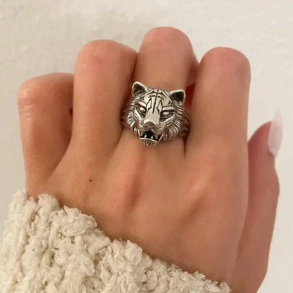 925 Sterling Silver Tiger Ring Unisex Cool Chunky Ring Bold Thick Ring