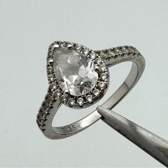 Sterling Silver Halo Ring | Pear Cut Clear Stone Pavé Band Size 8