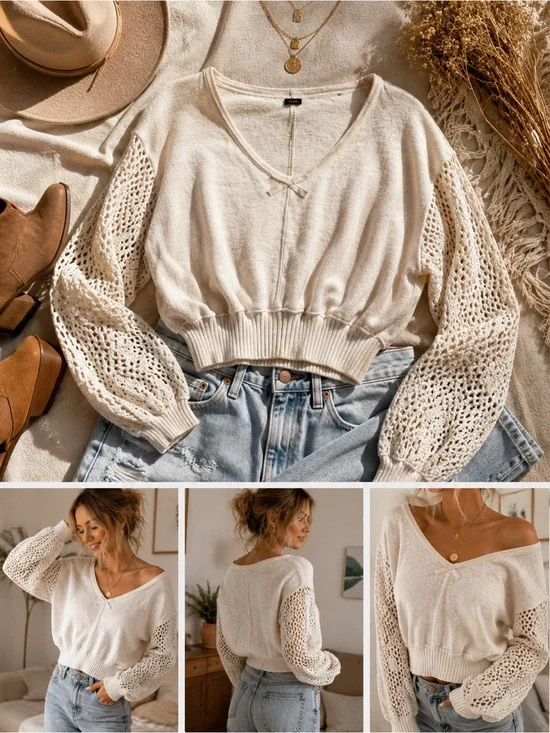 Free People Cream Crochet Sleeve Cropped Pullover Sweater Small