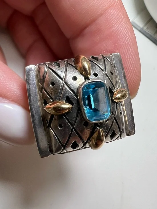 925 Sterling Silver Zanfeld Blue Topaz Accent Wide Ring with 14K Gold Accents