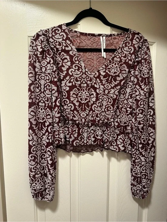 Anthropologie - Burgundy Patterned Long-Sleeve Peplum Top