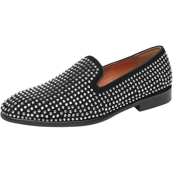 Elanroman Suede Leather Black Studded Loafers with Red Sole Party Wedding, 10