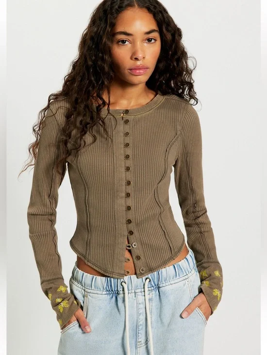 Ribbed Button-Front Long Sleeve Top - Brown