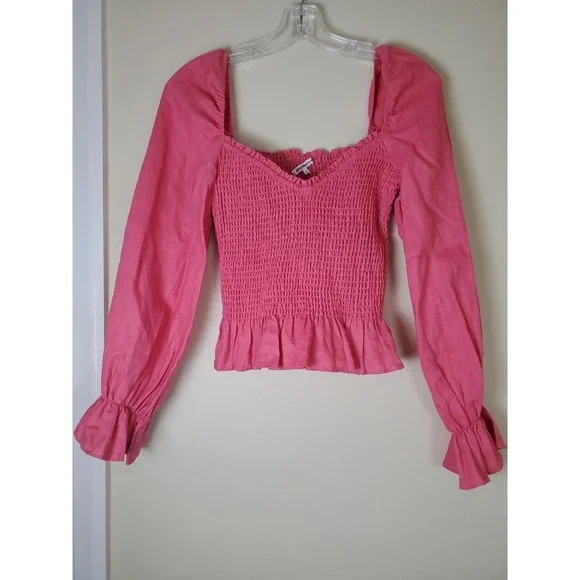 Reformation Cambria Linen Blouse Pink Peplum Sleeve Smocked Sweetheart Medium