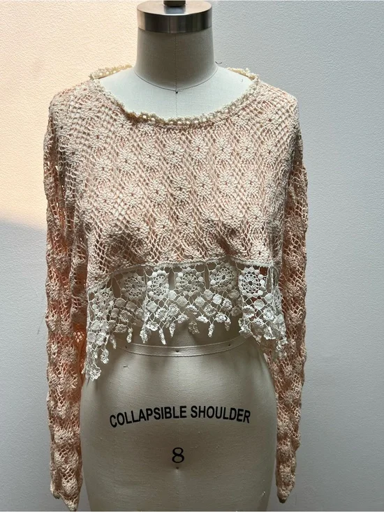 Free People New Romantics Crochet Lace Crop Top Peach Cream Open Knit S/P