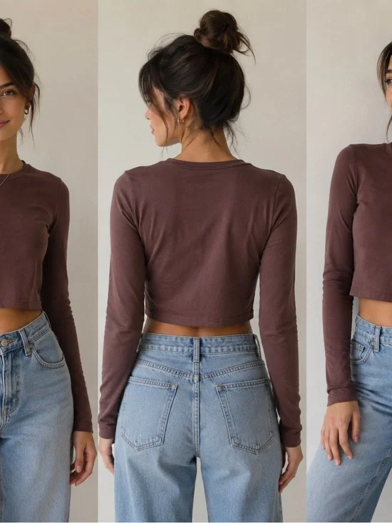 Zara Cropped Long-Sleeve Tee in Mauve Brown