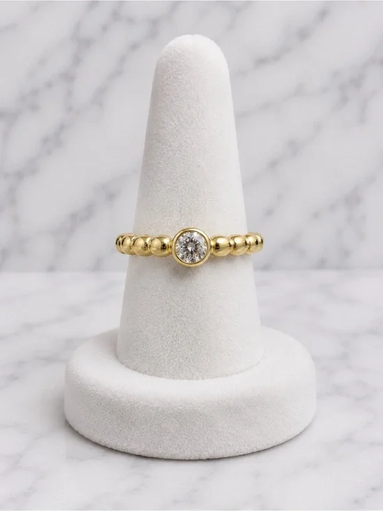 18K Gold Filled Beaded Solitaire Ring | AAA CZ | Size 9 | NWOT