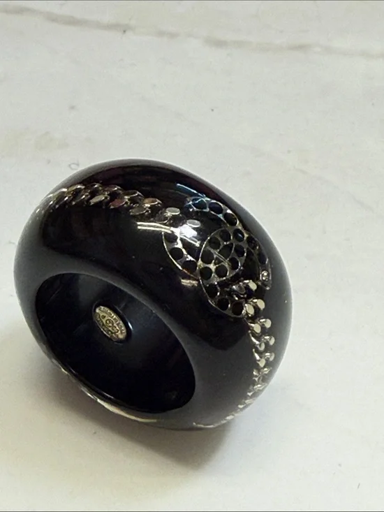 CHANEL Black Resin Dome Ring with Silver Motif