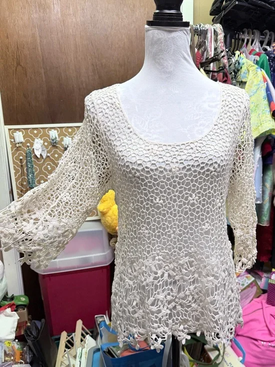 Free People Cream Open Crochet Scoop-Neck Bell Sleeve Top