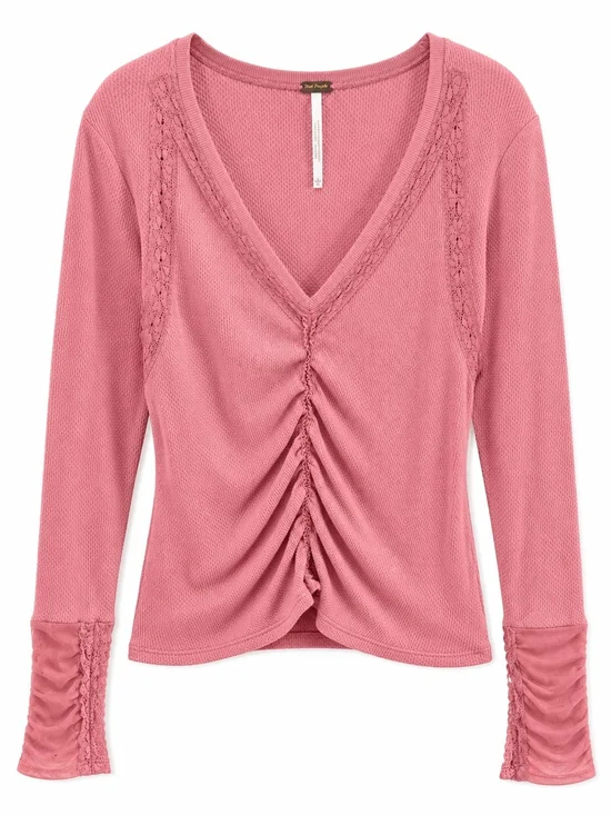 Free People Pink Thermal Knit Long Sleeve Top Ruched Boho Top Size L