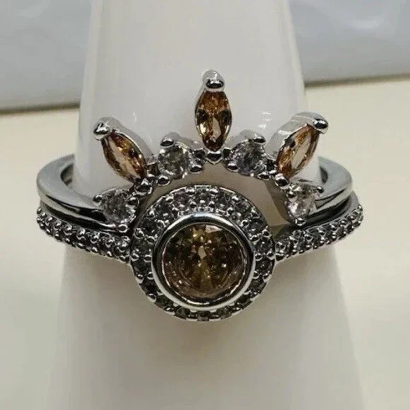 Bomb Party Size 8 Rhodium Plated Champagne Crystal Crown Ring Set
