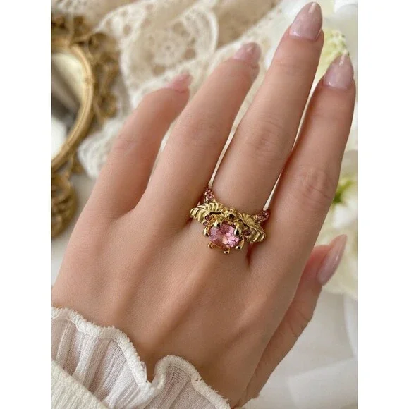 Vintage Style Pink Crystal Butterfly Fairy Skull Ring Gold Tone Statment Size 9