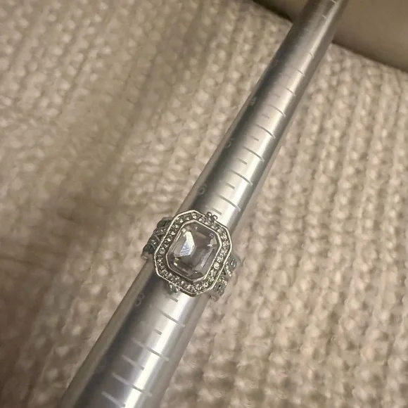 Silver Tone Square Halo Ring Size7 Clear & Teal Stones