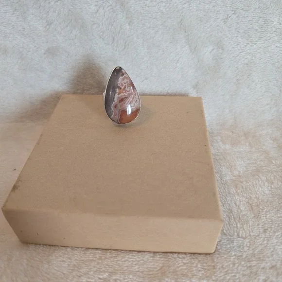 Sterling Silver Ring Tear-drop Shaped Crazy Lace Agate Stone Earthy Boho-chic