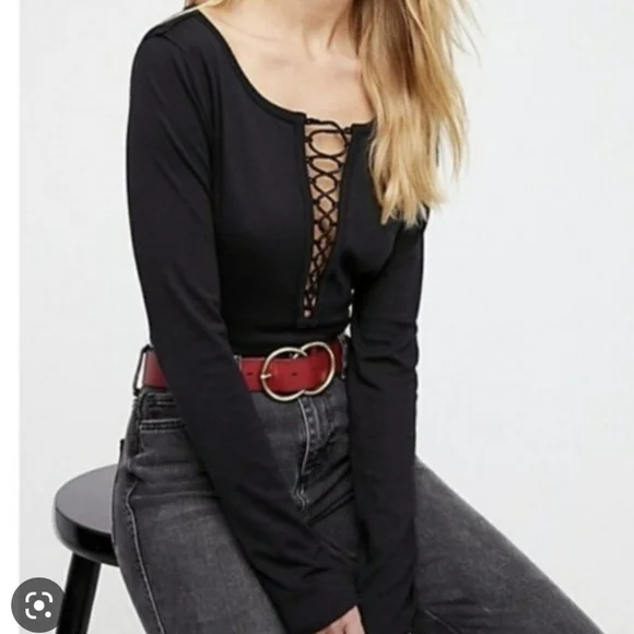 We the Free Jacqui Lace Up Black Top Small Grunge Goth Downtown