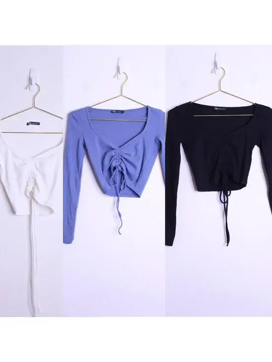 Zara Ribbed Knit Crop Long Sleeve Tops - Set of 3 Small