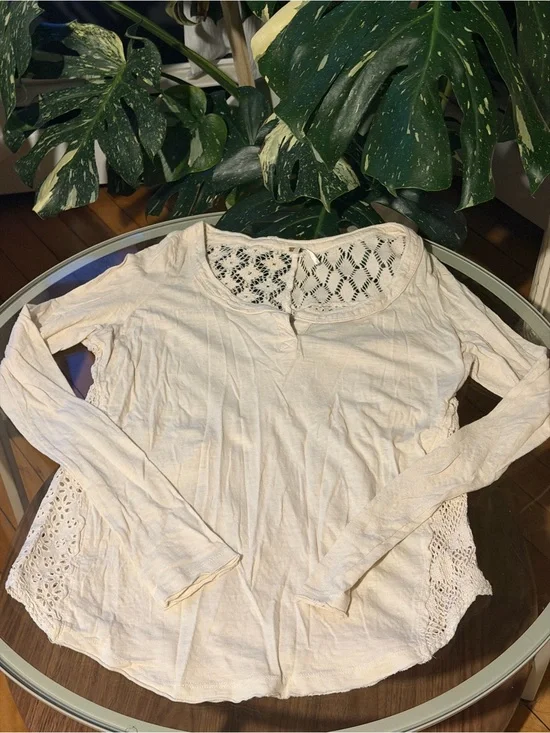 Free People Cream Long Sleeve Crochet-Panel Top