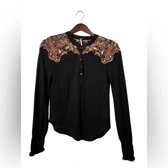 Free People Black Embroidered Lace Yoke Blouse Size M Boho Sheer Top