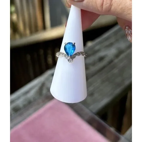 Bomb Party Ring RBP2940 Sz 6 LC Blue Zircon On Rhodium‎ Plated Band