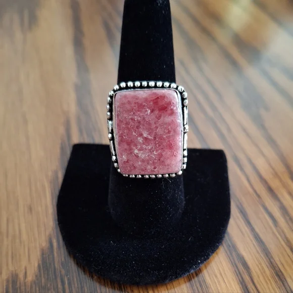 Ring Rhodochrosite Pink Square Stone Sterling Silver Adjustable Band Sizes 7-8-9