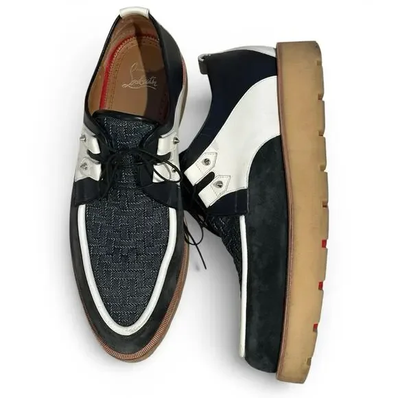 Christian Louboutin Black White Navy Mixed-Media Lace-Up Loafers