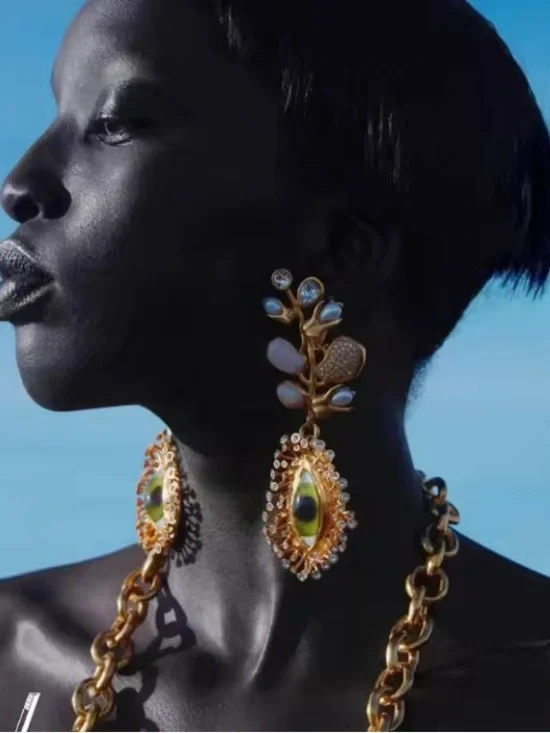 Schiaparelli inspired Gold Floral Drop Earrings with Iridescent Center