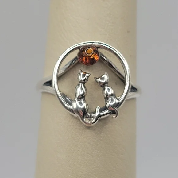 925 Sterling Silver Cat Ring Amber Stone Handmade Womens Size 8.5 Cute Unique