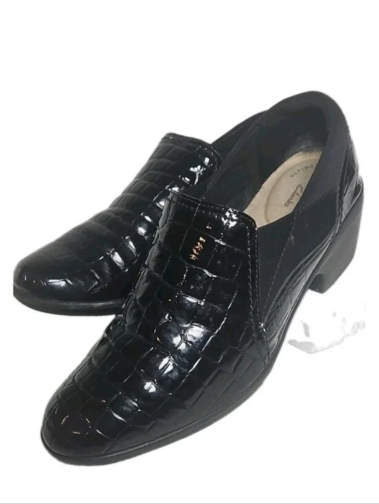 Clarks Women Size 8 M Black Croc Patent Leather Wedge SlipOn Loafer May Poppy[8A