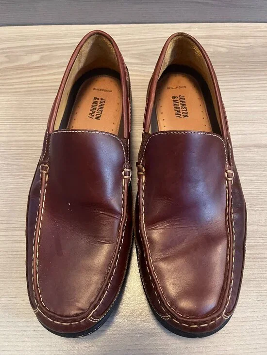 Johnston & Murphy Sheepskin Leather Loafers Men's 11M Brown Slip On Moc Toe