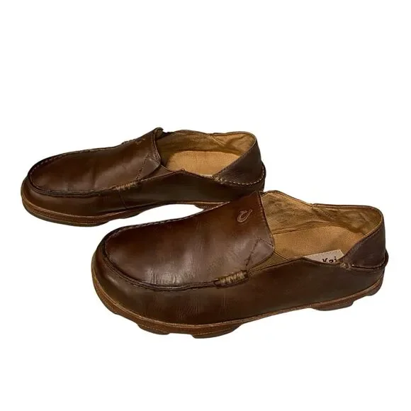 OluKai Moloa Leather Slip On Loafers Mens 8.5 Brown Drop In Heel Moc Toe Comfort