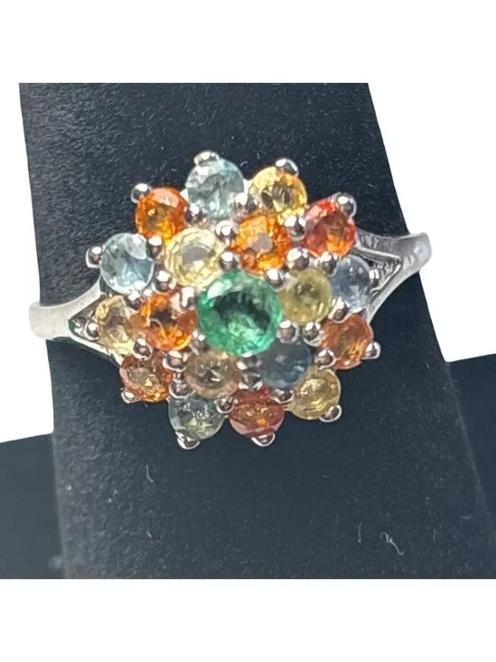 Multicolor Gemstone Cluster Ring Sapphire & Tourmaline 925 sterling silver 7