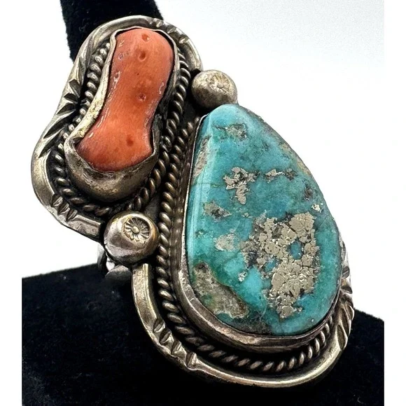 Navajo Sterling Silver Turquoise Coral Ring Size 10 Vintage c1960s 20g