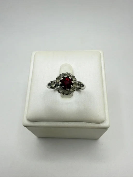 Antique Sterling Silver and CZ Red rhinestone ring w/ halo‎ of cz diamonds!