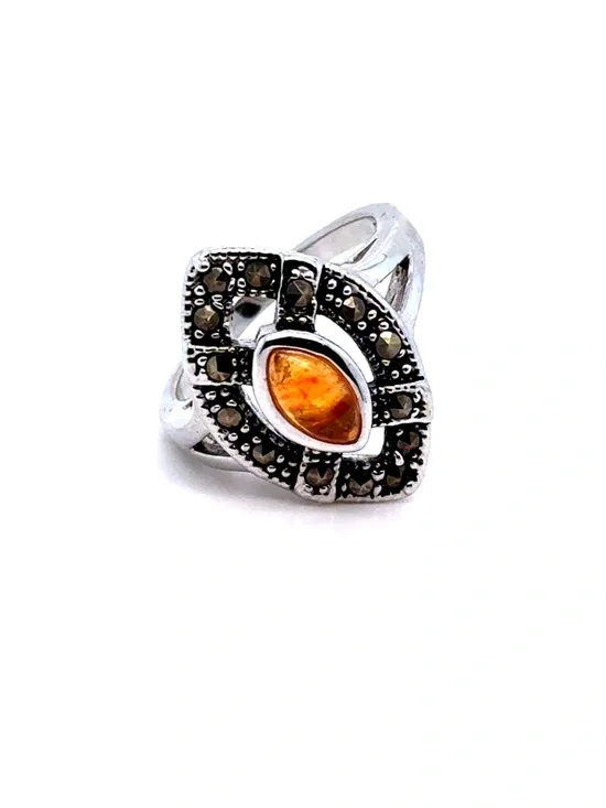 Silver Colored Amber Marquise Ring - Orange‎ Gemstone