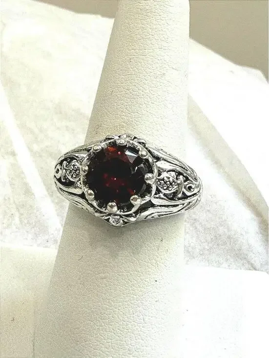 Vintage Style Silver Ring with Dark Red Gemstone Size 7.25