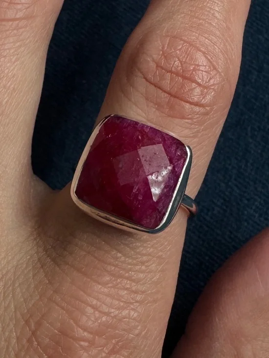 925 Sterling Silver Large Stackable Square Ring Rough‎ Cut Ruby Size 6