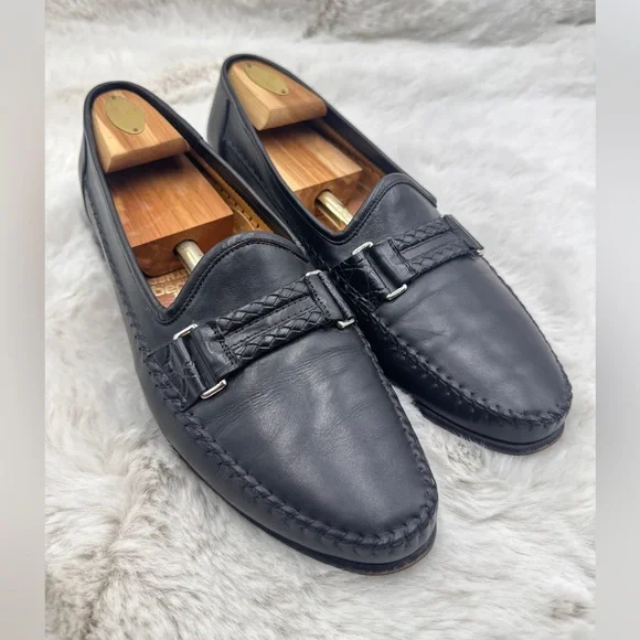 SANTONI Men’s Woven Leather Loafer‎ Size 11 D Black braided dress shoes